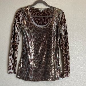 Cache Long Sleeve Sequined Animal Print Long Sleeves Scoop Neck Top sz M